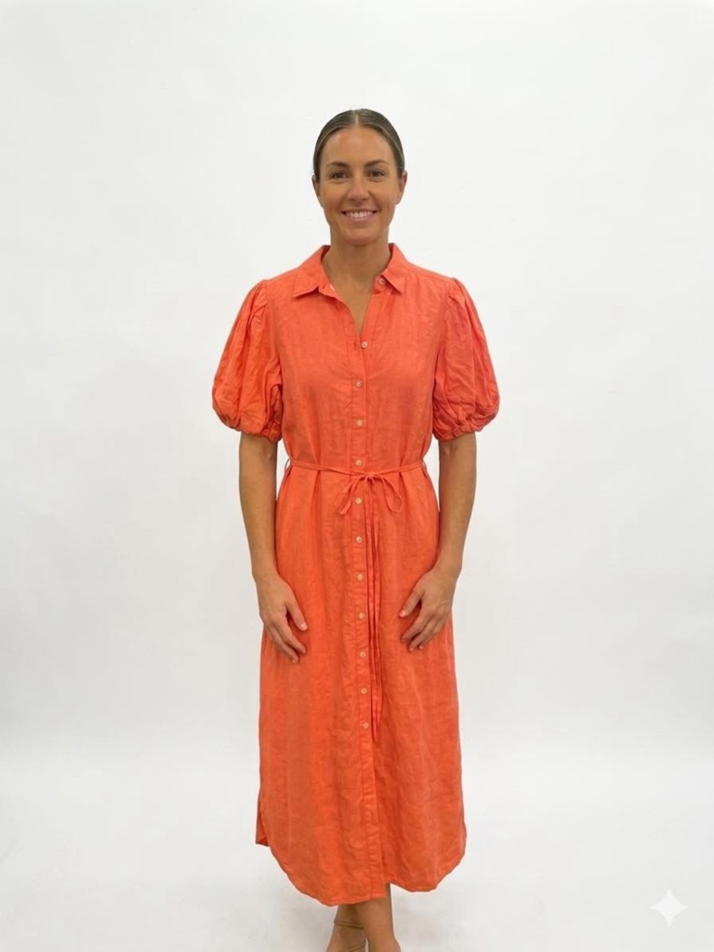 Finley Orange Puff-Sleeve Button-Front Midi Dress